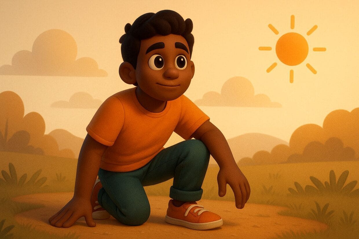 3D cartoon illustration of a young man with big expressive eyes, wearing an orange T-shirt and teal pants, crouching on one knee outdoors with a warm glowing sun and soft clouds in the background.