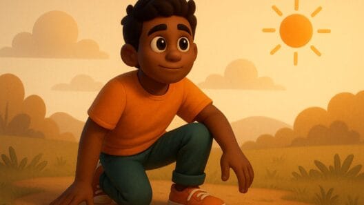 3D cartoon illustration of a young man with big expressive eyes, wearing an orange T-shirt and teal pants, crouching on one knee outdoors with a warm glowing sun and soft clouds in the background.