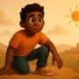 3D cartoon illustration of a young man with big expressive eyes, wearing an orange T-shirt and teal pants, crouching on one knee outdoors with a warm glowing sun and soft clouds in the background.