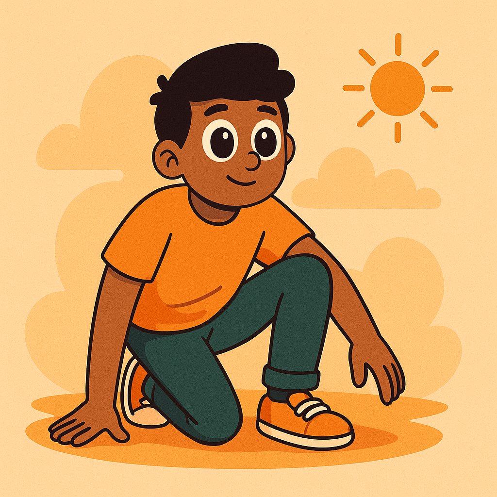 A  failure young man with big expressive eyes, wearing an orange T-shirt and teal pants, crouching on one knee outdoors with a warm glowing sun and soft clouds in the background.
