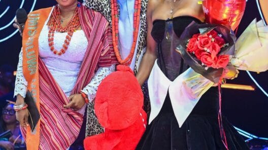 Imisi, Ebuka and Dede at BBnaija season 10 finale