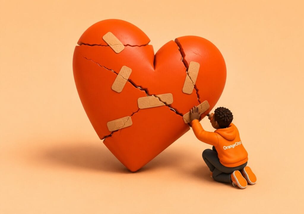 Healing 3D OrangeCityz illustration of a cracked orange heart covered with bandages while a kneeling character tries to repair it on a soft beige background.